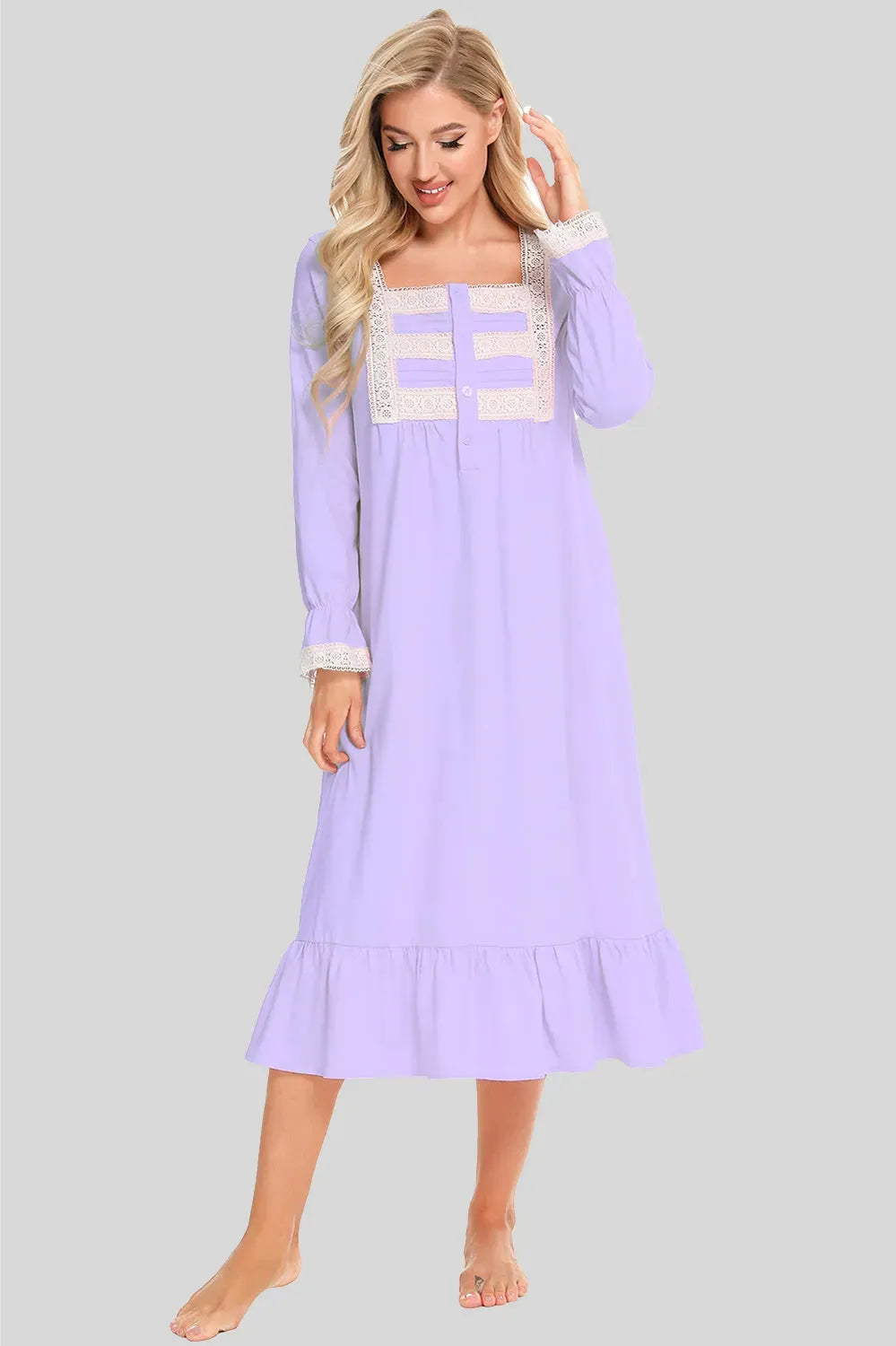 Lace Detail Square Neck Flounce Sleeve Night Dress Lavender Sleep Dresses - Tophatter Daily Deals