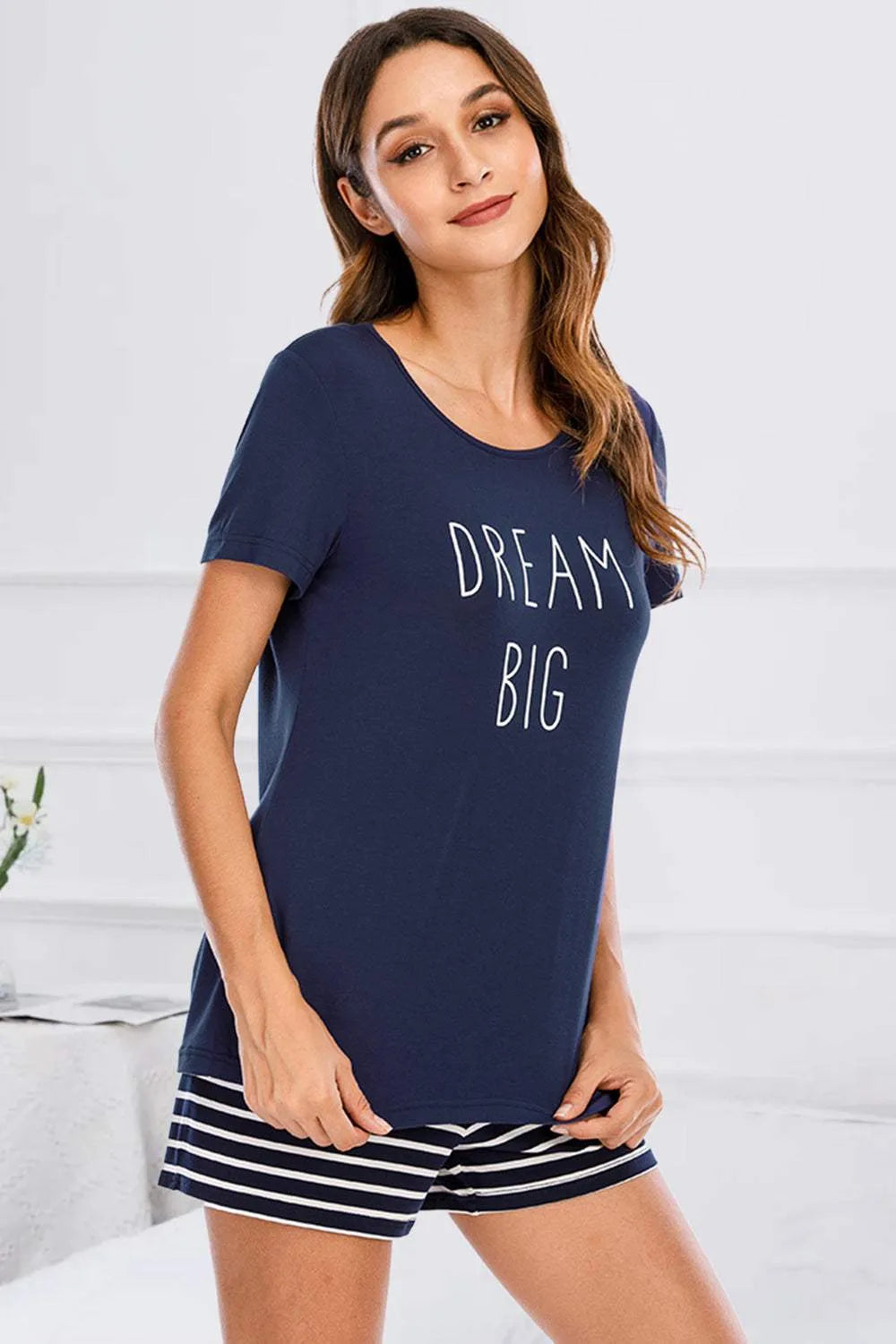 Graphic Round Neck Top and Striped Shorts Lounge Set Loungewear Sets - Tophatter Daily Deals