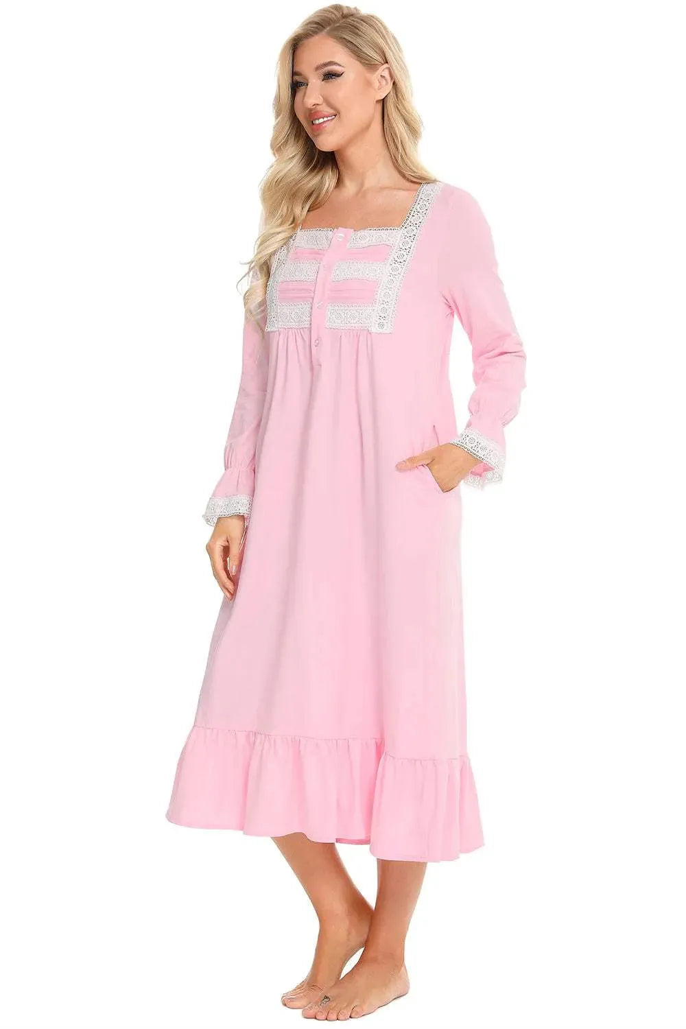 Lace Detail Square Neck Flounce Sleeve Night Dress Sleep Dresses - Tophatter Daily Deals
