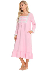 Lace Detail Square Neck Flounce Sleeve Night Dress Sleep Dresses - Tophatter Daily Deals