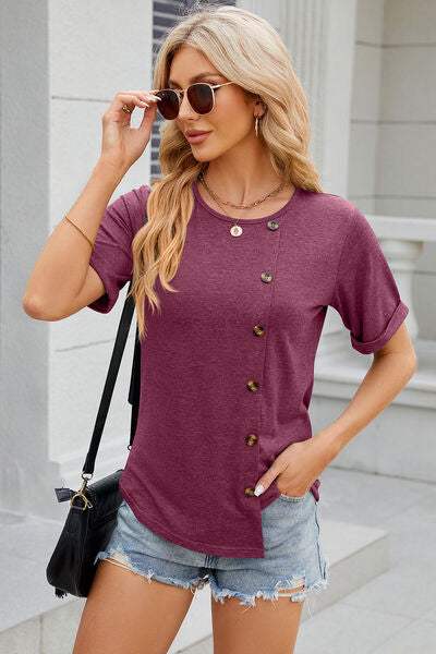 Round Neck Short Sleeve T-Shirt Wine Women's T-Shirts - Tophatter Daily Deals