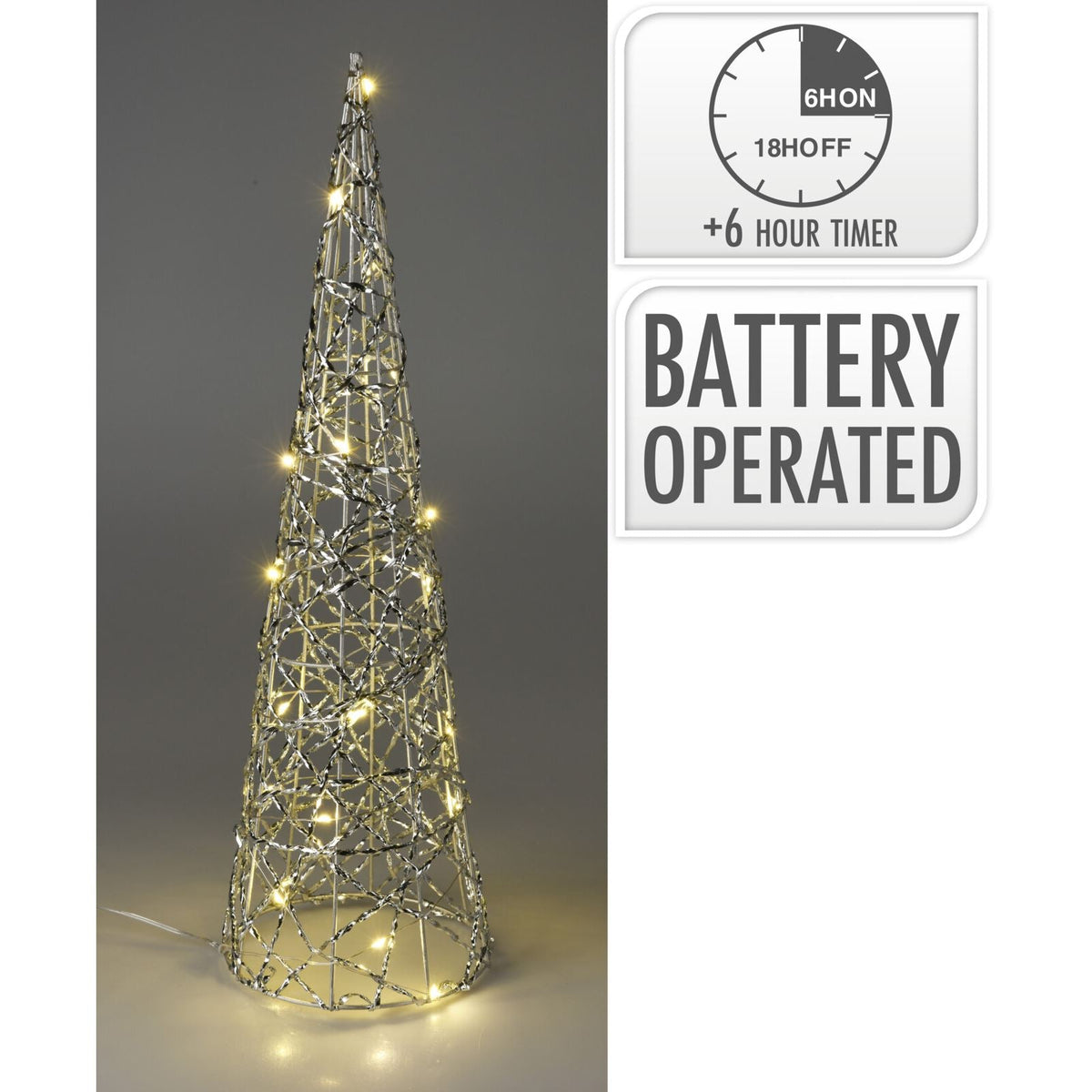 Silver Cone LED Christmas Tree | Warm White Pre-lit Light-Up Tree Cone - 40cm LED Light - Tophatter Daily Deals