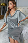 Satin Flutter Sleeve Side Slit V-Neck Night Dress Sleep Dresses - Tophatter Daily Deals