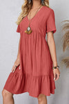 Full Size Ruched V-Neck Short Sleeve Dress Coral Casual Dresses - Tophatter Daily Deals