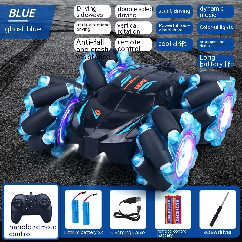 24G High-speed Wireless Remote Control Car Light Music Four-wheel Drive Double-sided Driving Flip Rotating Drift Car Stunt Car Blue Single remote control 2PC Battery 0 - Tophatter Daily Deals