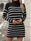 Striped Mock Neck Long Sleeve Mini Dress Black Casual Dresses - Tophatter Daily Deals