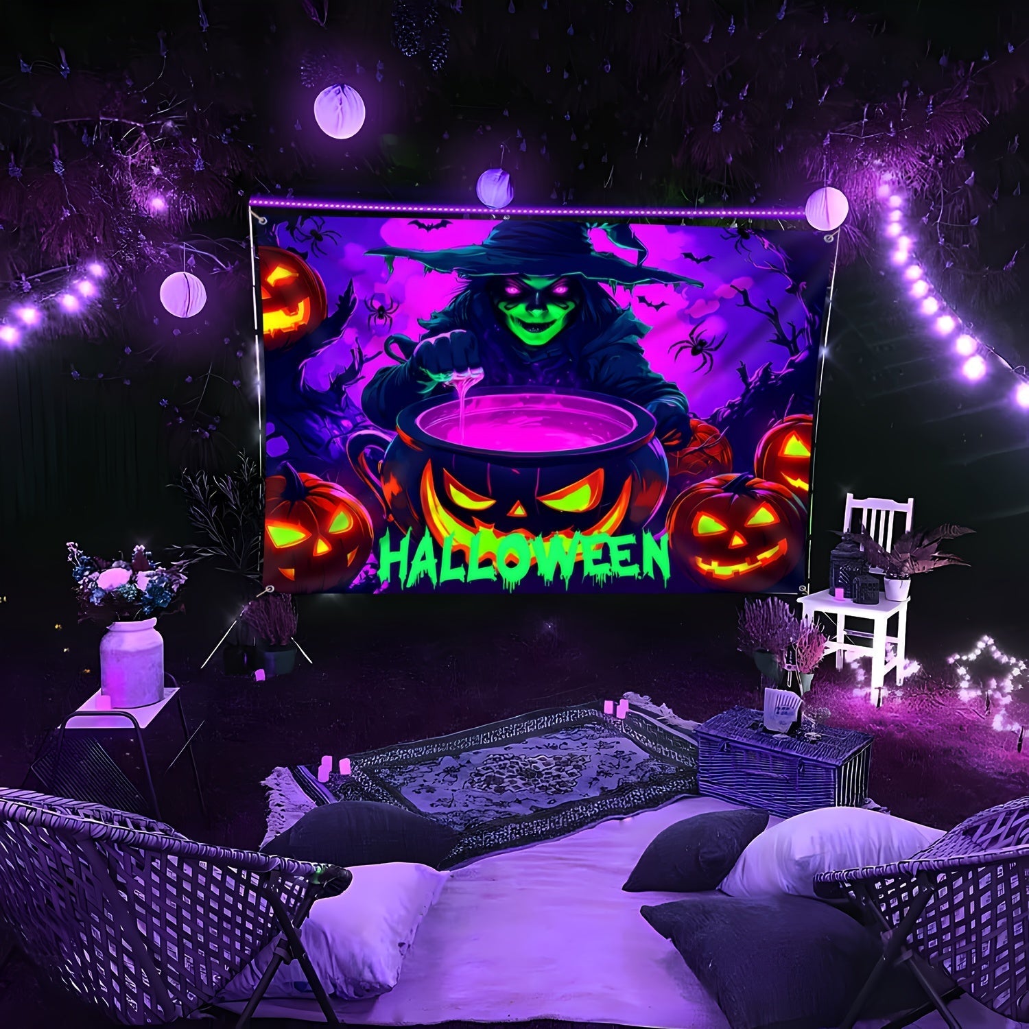 Witch and Pumpkin Glow-in-the-Dark Halloween Tapestry - Tophatter Daily Deals