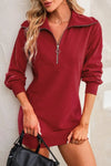 Half Zip Dropped Shoulder Mini Sweatshirt Dress Wine Casual Dresses - Tophatter Daily Deals