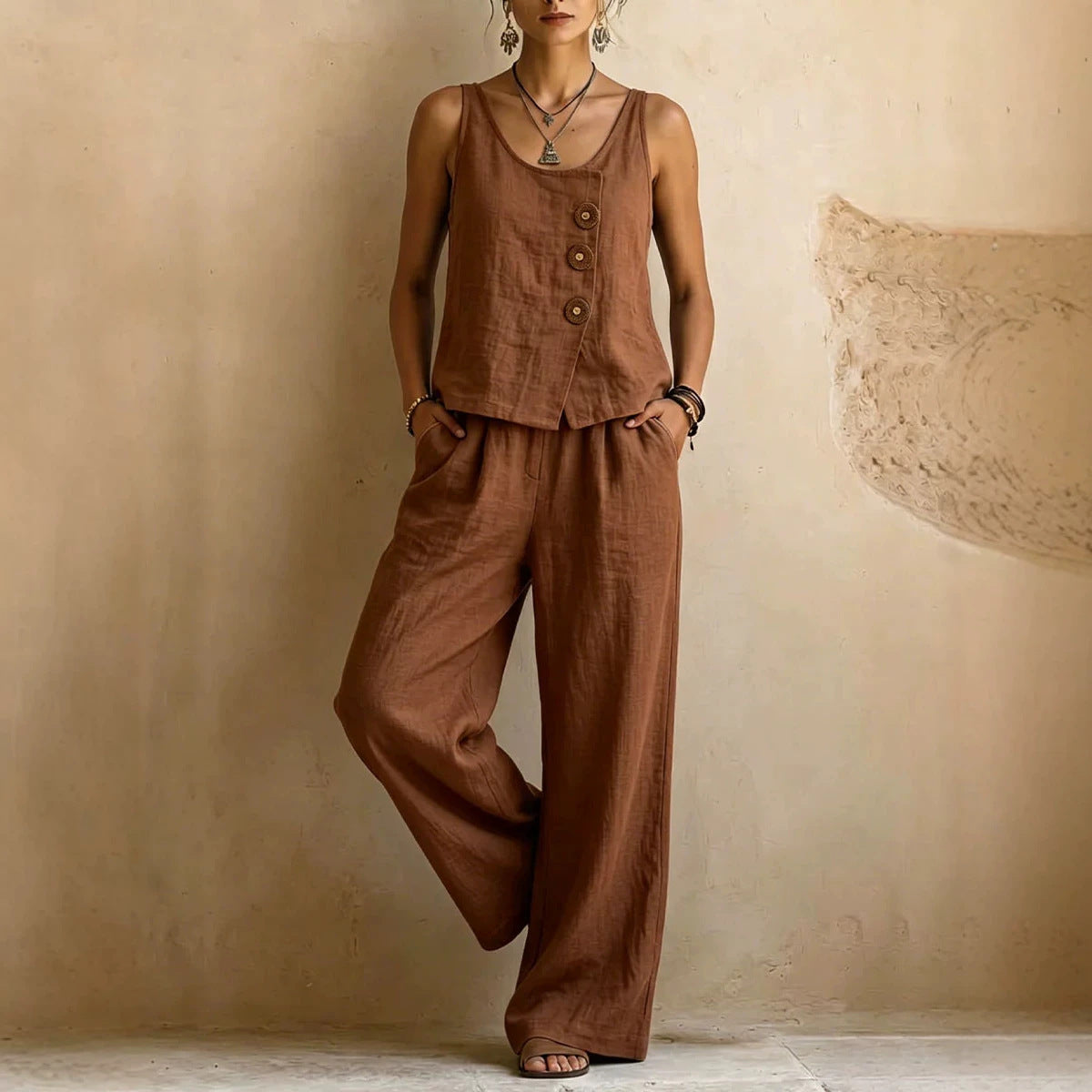 Women's Cotton Linen Sleeveless Tank Top & Pants Two-Piece Set Light Brown Women's Tops - Tophatter Daily Deals