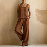 Women's Cotton Linen Sleeveless Tank Top & Pants Two-Piece Set Light Brown Women's Tops - Tophatter Daily Deals