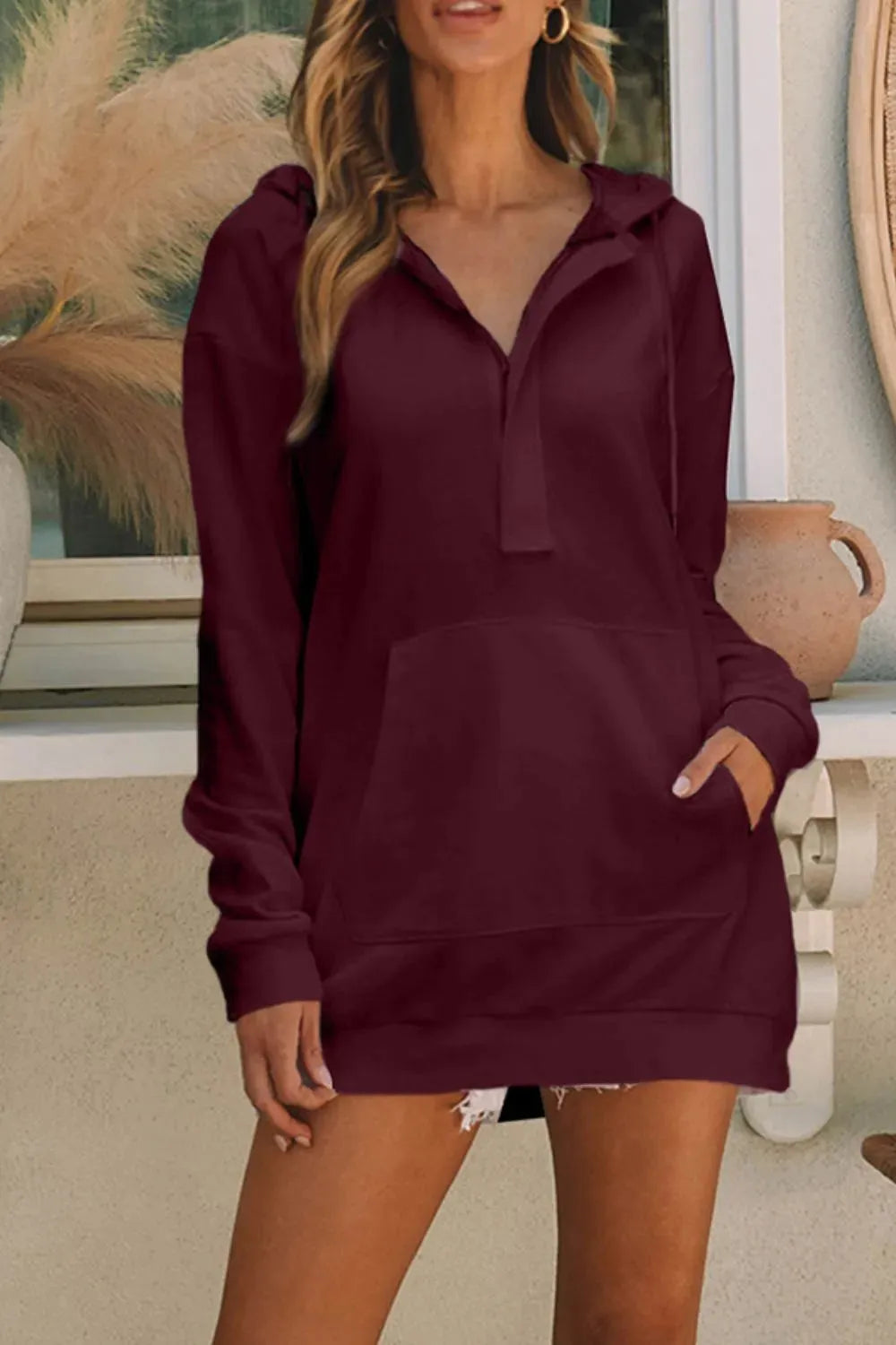 Drawstring Half Zip Hooded Dress Wine Casual Dresses - Tophatter Daily Deals