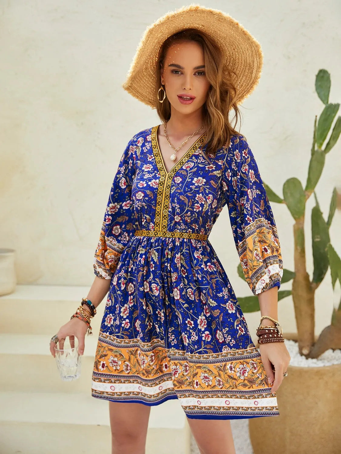 Printed V-Neck Mini Dress Casual Dresses - Tophatter Daily Deals