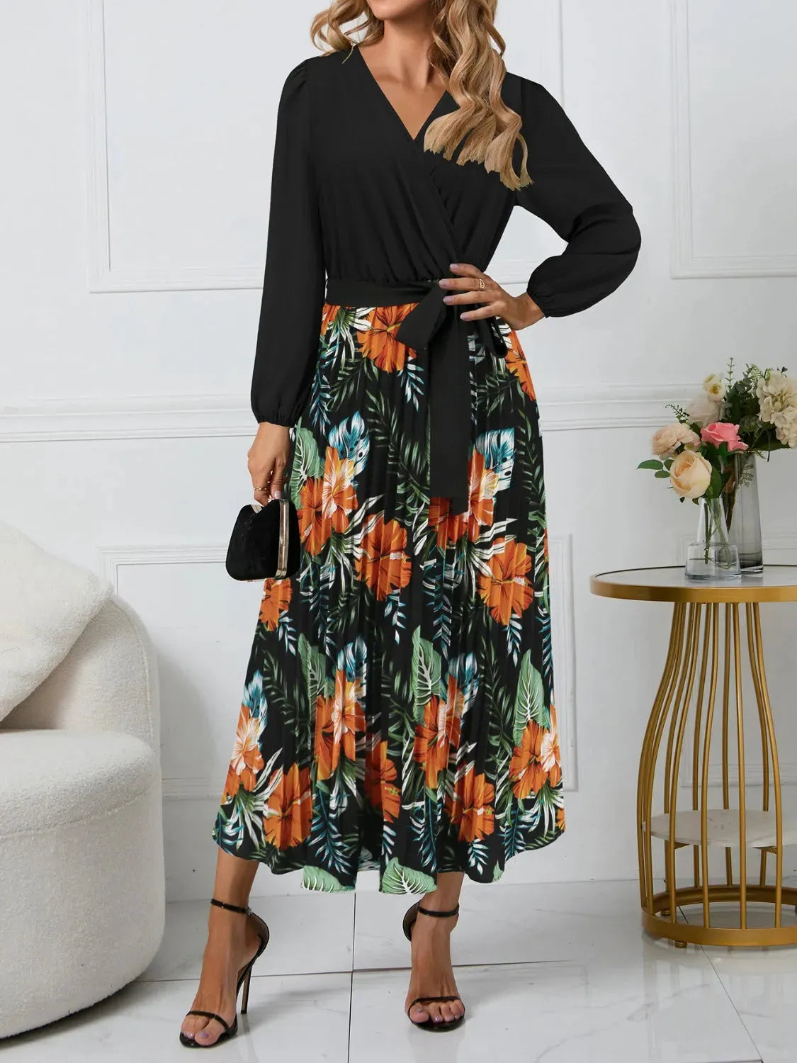 Pleated Printed Surplice Long Sleeve Dress Casual Dresses - Tophatter Daily Deals