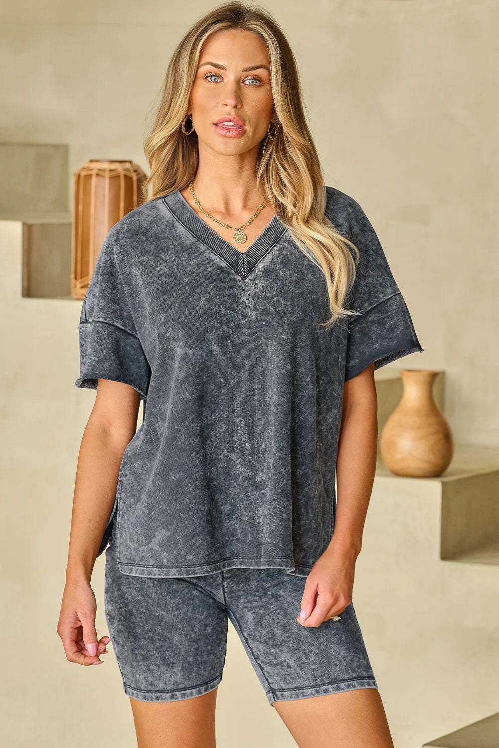 Black Mineral Washed Oversized T Shirt and Shorts Set Black 85%Cotton+15%Polyester Loungewear & Sleepwear/Loungewear - Tophatter Daily Deals