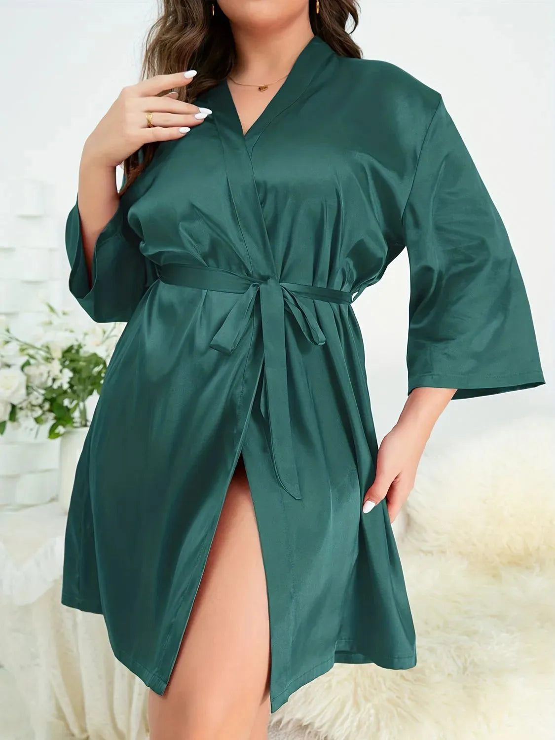 Plus Size Surplice Neck Tie Waist Robe Sleep Dresses - Tophatter Daily Deals