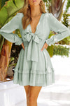 Tied Plunge Smocked Waist Flounce Sleeve Dress Light Green Casual Dresses - Tophatter Daily Deals