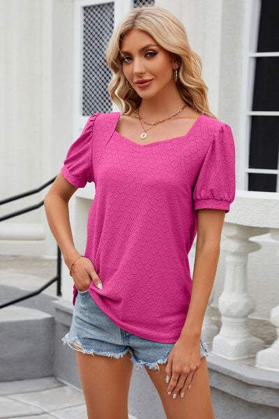 Eyelet Short Sleeve T-Shirt Hot Pink Women's T-Shirts - Tophatter Daily Deals