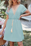 Tassel V-Neck Short Sleeve Dress Tiffany Blue Casual Dresses - Tophatter Daily Deals