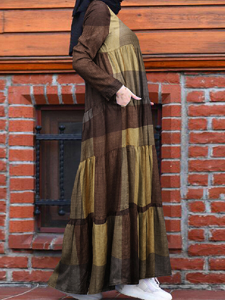 Kaftan Tunic Plaid Print Back Zipper Long Sleeve Maxi Layered Women Maxi Dress Maxi Dresses - Tophatter Daily Deals
