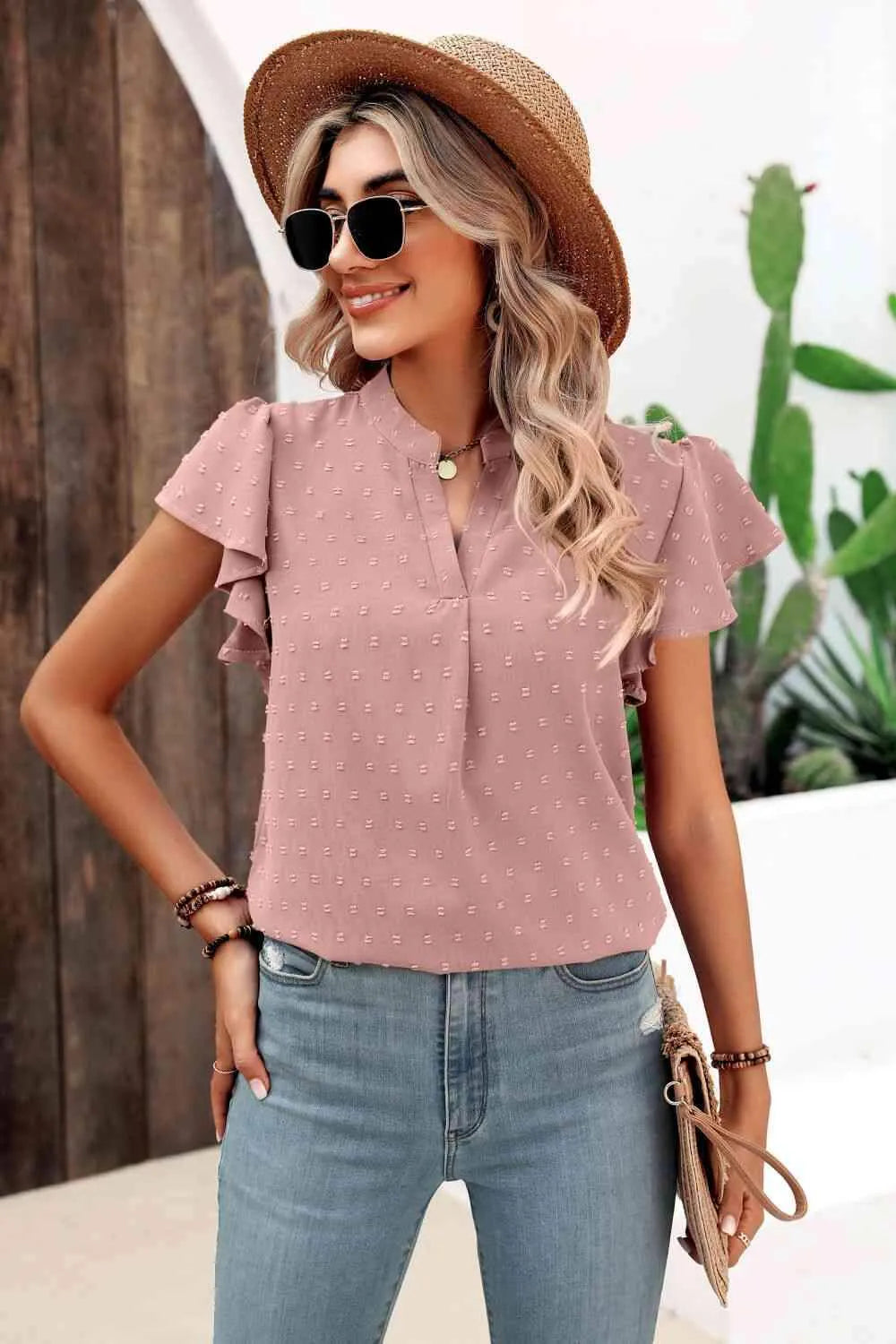 Swiss Dot Flutter Sleeve Notched Neck Blouse Blush Pink Blouses - Tophatter Daily Deals