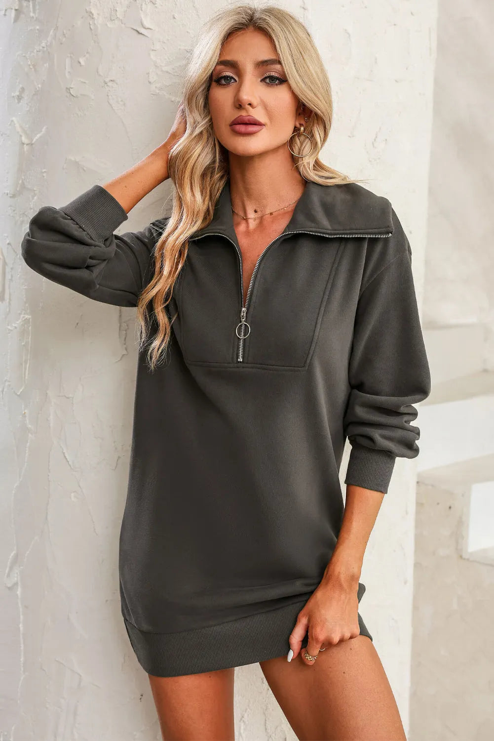 Half Zip Dropped Shoulder Mini Sweatshirt Dress Casual Dresses - Tophatter Daily Deals