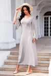 Tie Back Ribbed Round Neck Long Sleeve Dress Light Gray Casual Dresses - Tophatter Daily Deals