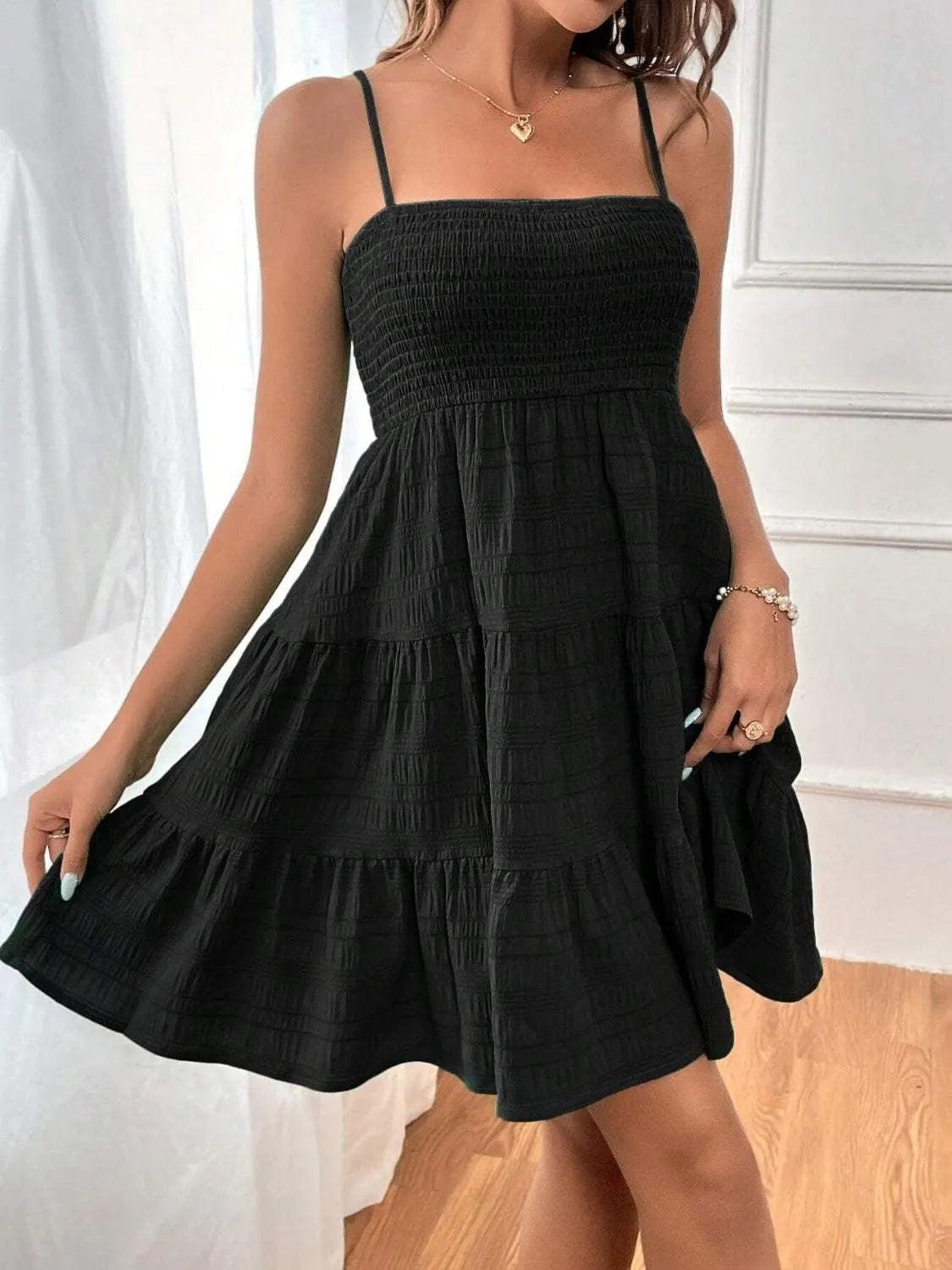Smocked Tiered Sleeveless Mini Dress Black Casual Dresses - Tophatter Daily Deals