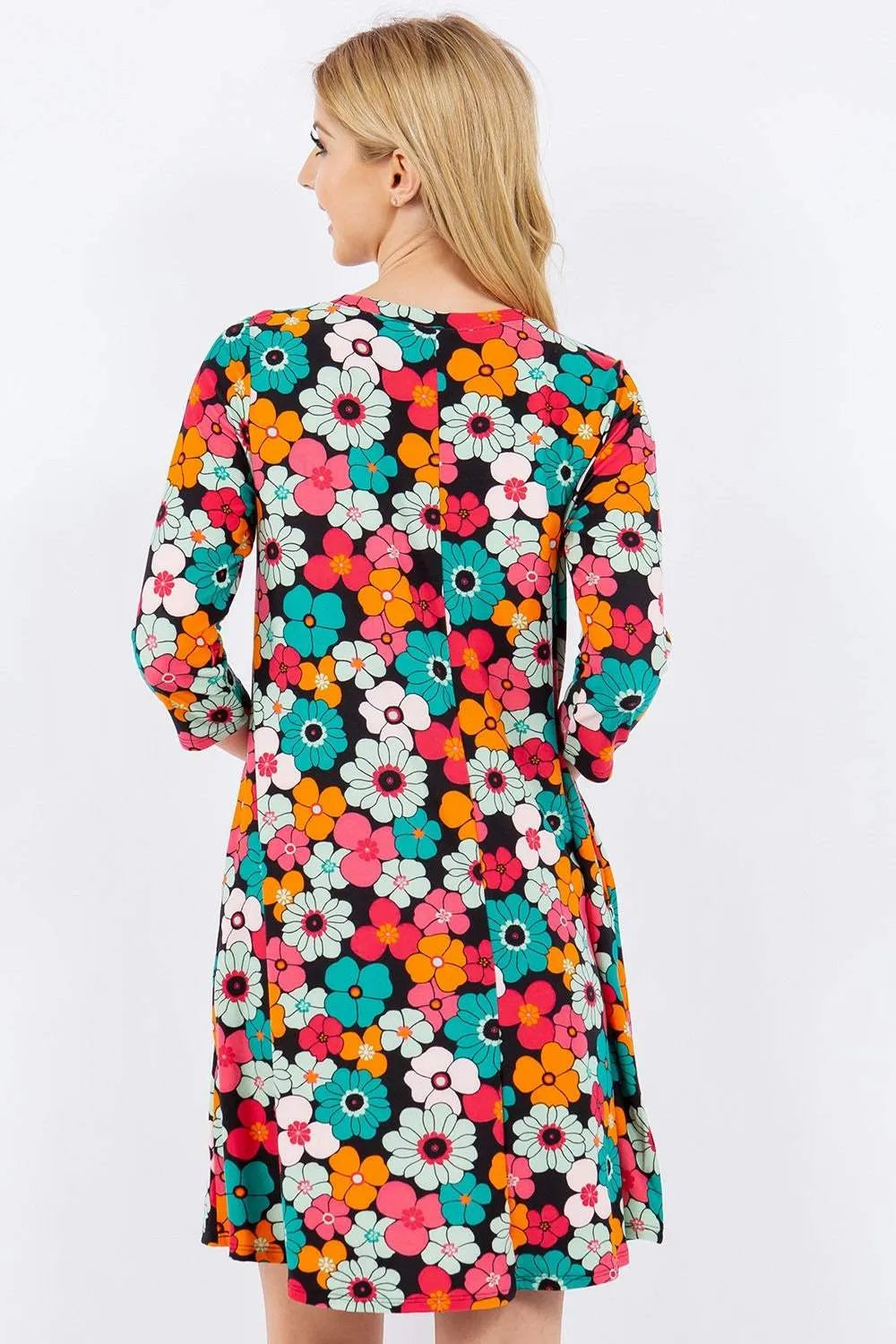 Celeste Full Size Floral Three-Quarter Sleeve Dress with Pockets Casual Dresses - Tophatter Daily Deals