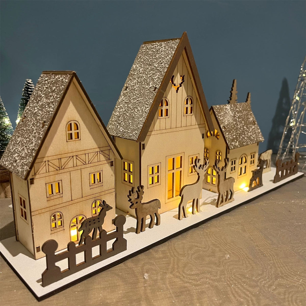 Christmas Scene Light-Up Houses | LED Wooden Winter Houses Ornament - 40cm Ornament - Tophatter Daily Deals