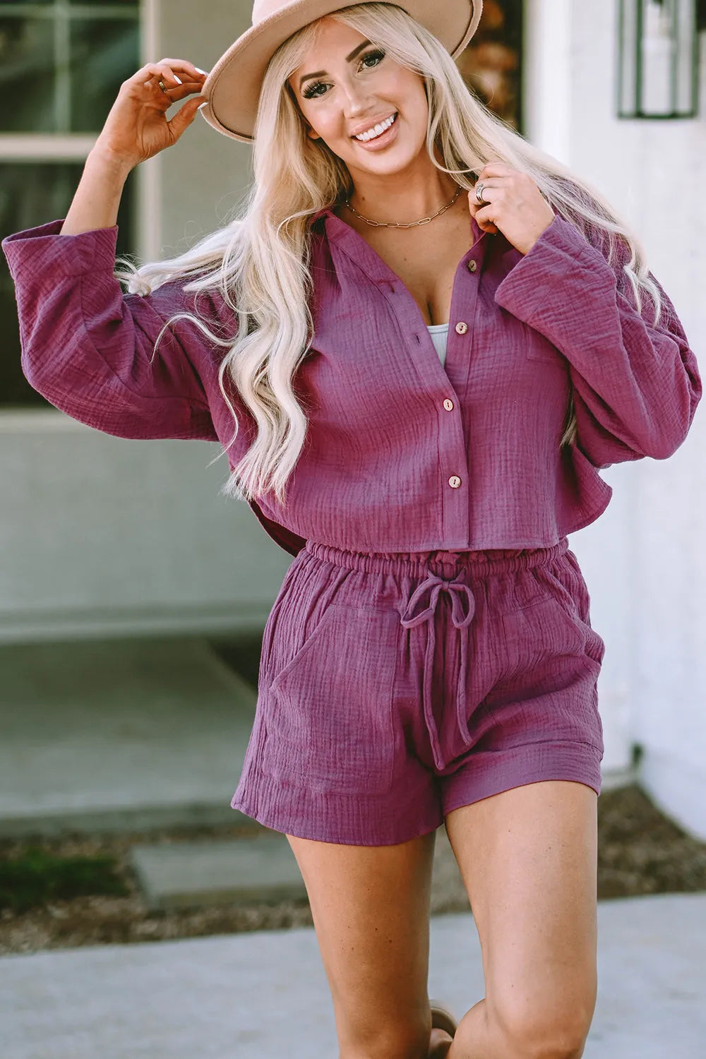 Buttoned Long Sleeve Top and Shorts Set Loungewear Sets - Tophatter Daily Deals