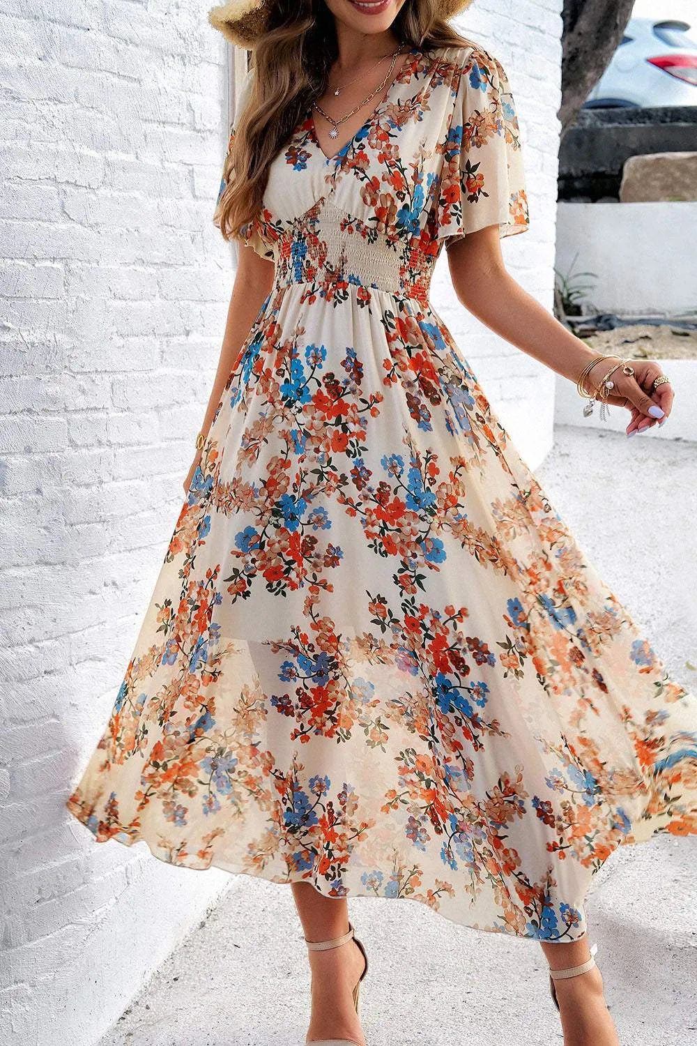 Smocked Floral V-Neck Short Sleeve Dress Casual Dresses - Tophatter Daily Deals