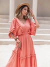 Tassel Trim Smocked V-Neck Short Sleeve Dress Coral Casual Dresses - Tophatter Daily Deals