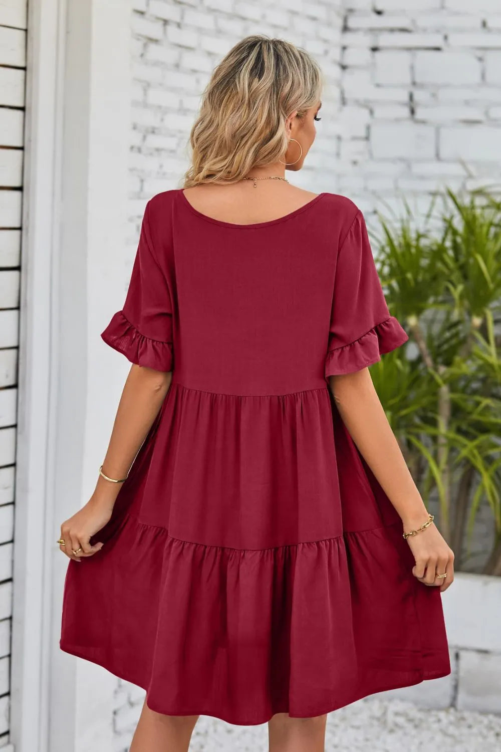 V-Neck Flounce Sleeve Tiered Dress Casual Dresses - Tophatter Daily Deals