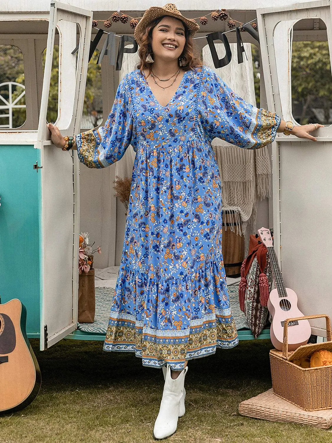 Plus Size Floral V-Neck Balloon Sleeve Midi Dress Azure Casual Dresses - Tophatter Daily Deals