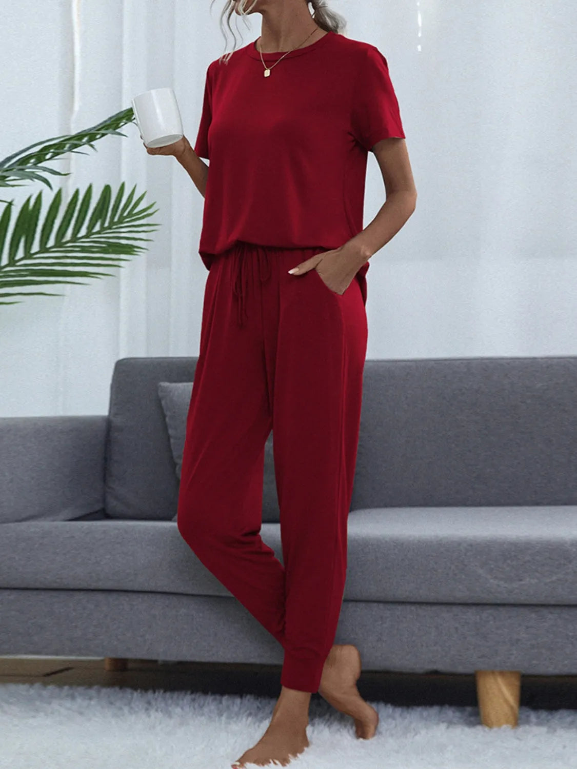 Round Neck Top and Pants Lounge Set Loungewear Sets - Tophatter Daily Deals