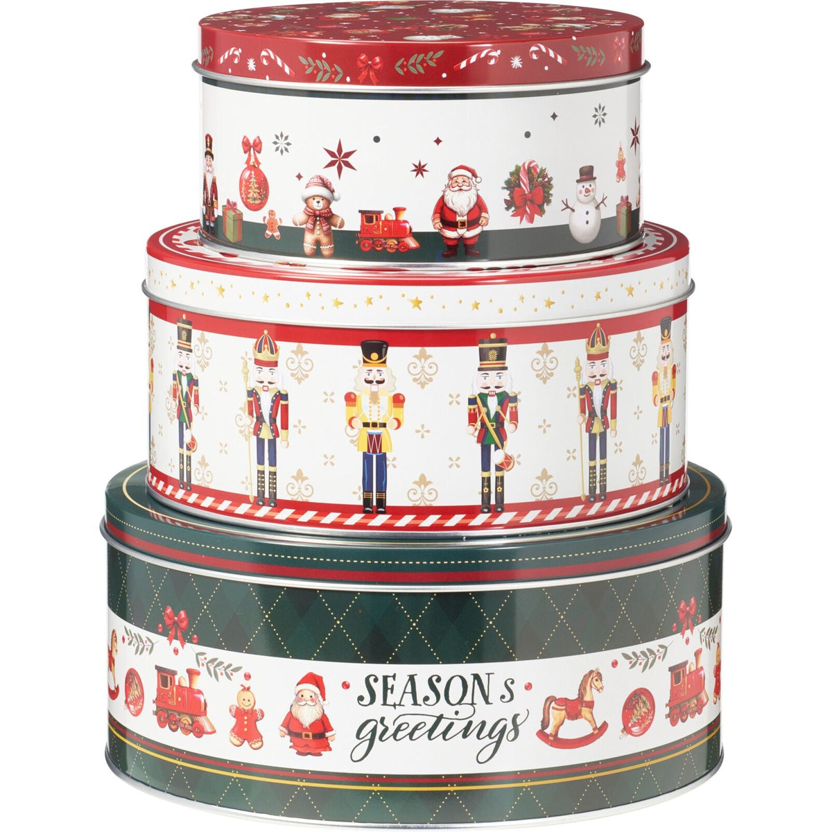 Set of 3 Traditional Christmas Storage Tins | 3-piece Round Kitchen Nesting Tins Biscuit Tin - Tophatter Daily Deals