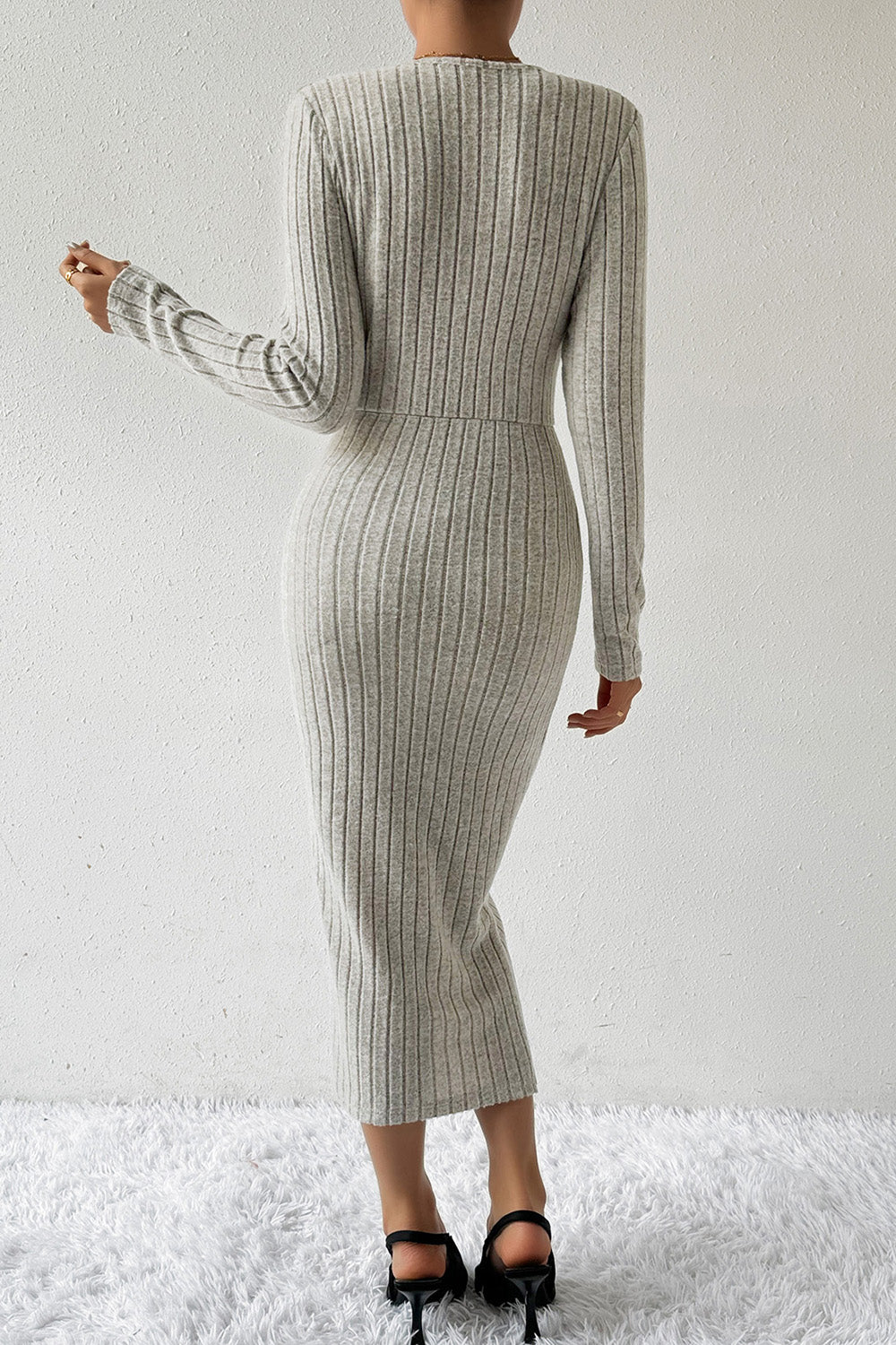 Ribbed Surplice Long Sleeve Midi Dress - Tophatter Deals