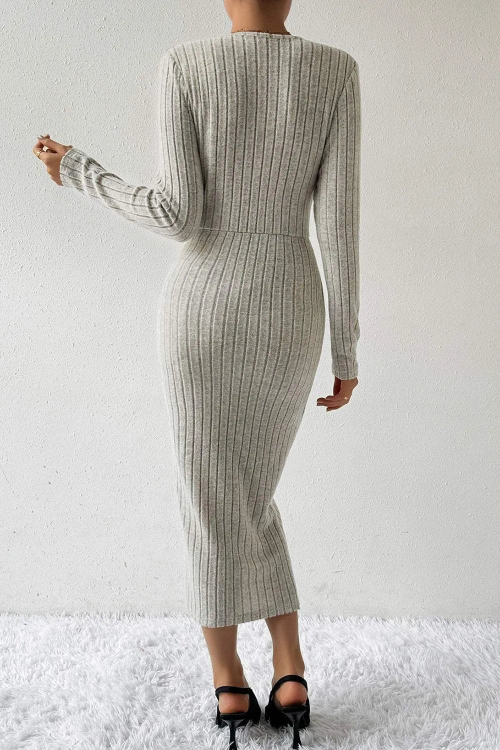 Ribbed Surplice Long Sleeve Midi Dress Cocktail Dresses - Tophatter Daily Deals