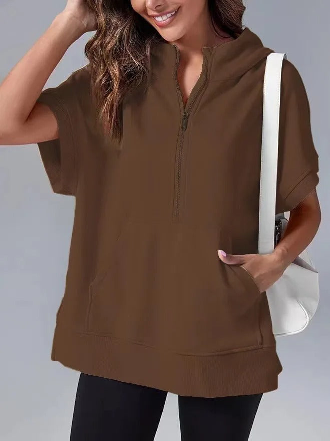 Lightweight Women's Short Sleeve Hoodie - Oversized Knit Coffee - Tophatter Daily Deals