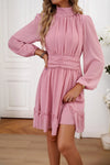 Frill Ruched Mock Neck Balloon Sleeve Dress Casual Dresses - Tophatter Daily Deals