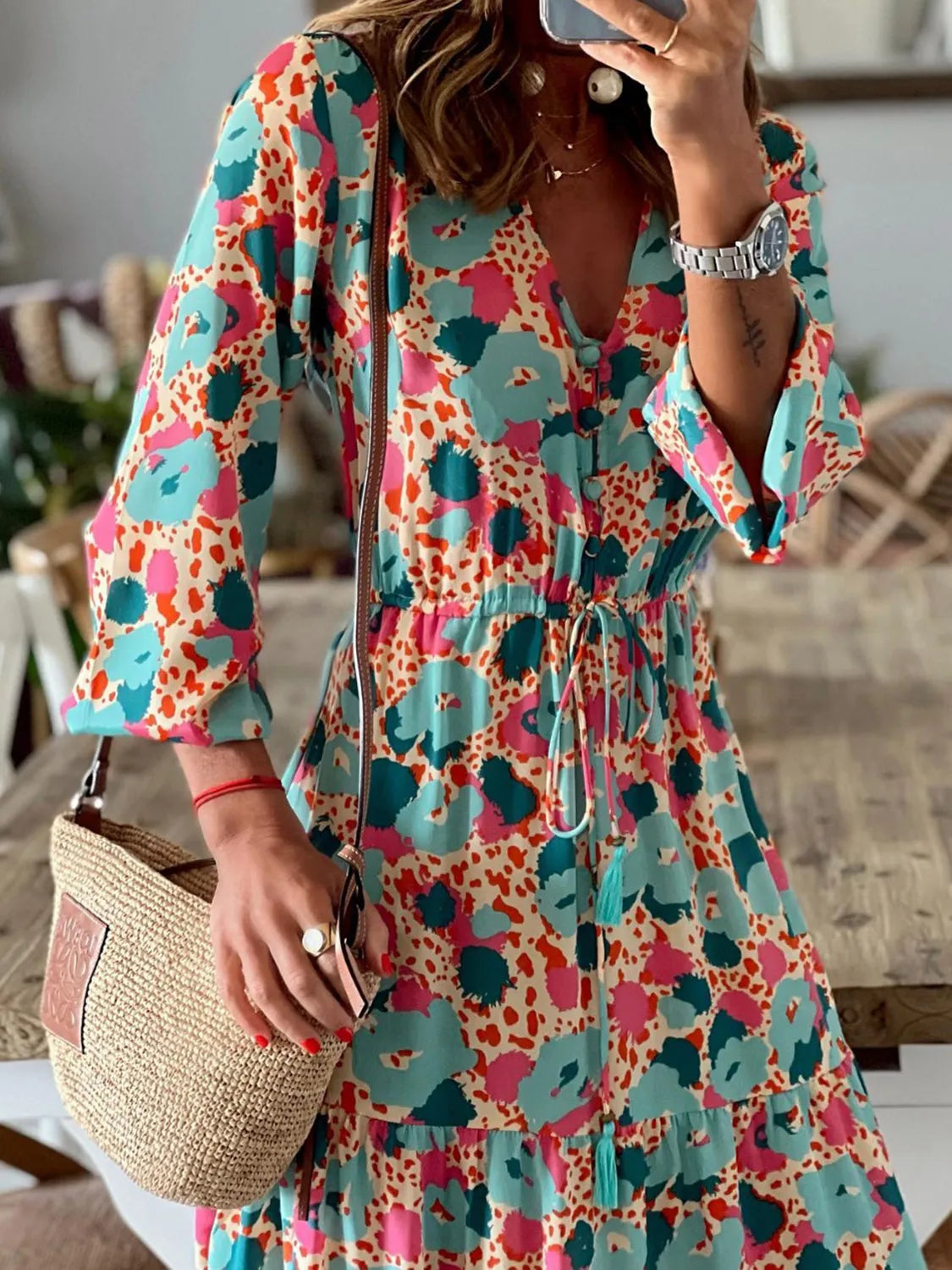 Tassel Printed Three-Quarter Sleeve Dress Casual Dresses - Tophatter Daily Deals