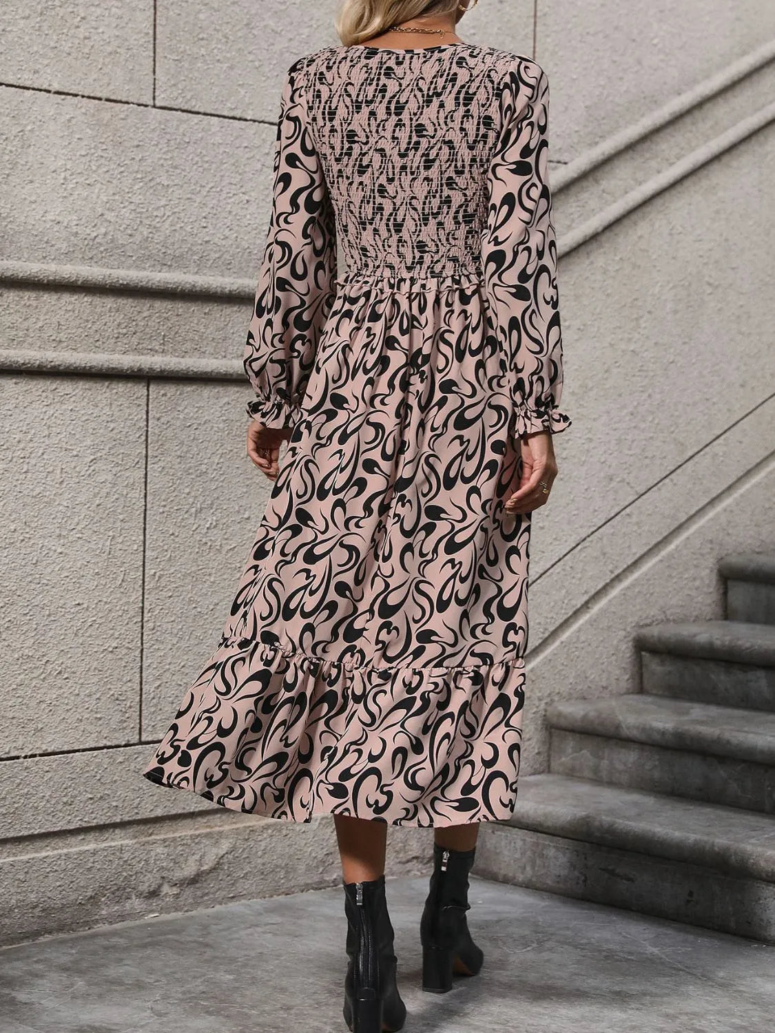 Printed V-Neck Long Sleeve Midi Dress Casual Dresses - Tophatter Daily Deals