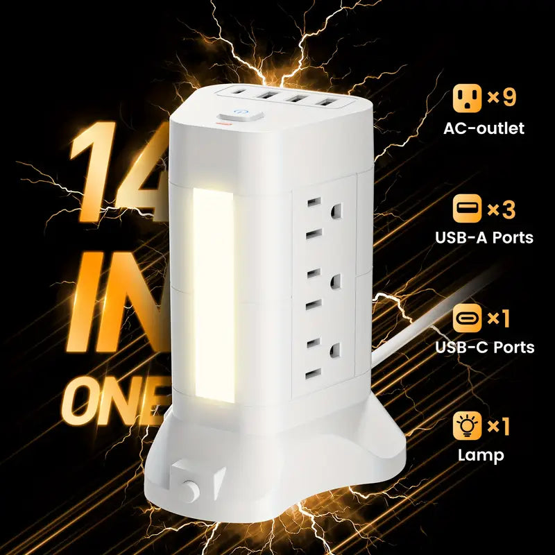 14-in-1 Power Strip Tower with 4 USB Ports & 9 AC Outlets, 10ft Extension Cable, Adjustable 3-Color Night Light Electronics - Tophatter Daily Deals