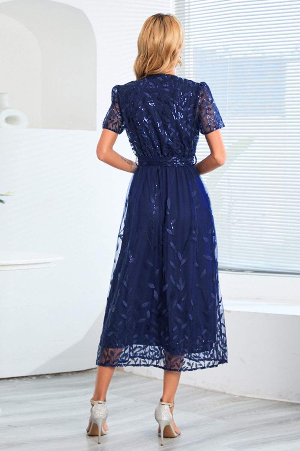 Sequin Leaf Embroidery Tie Front Short Sleeve Dress Cocktail Dresses - Tophatter Daily Deals