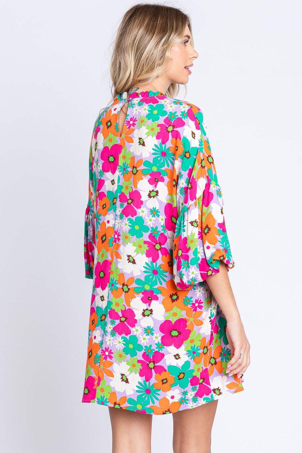 GeeGee Full Size Floral Round Neck Lantern Sleeve Mini Dress Casual Dresses - Tophatter Daily Deals