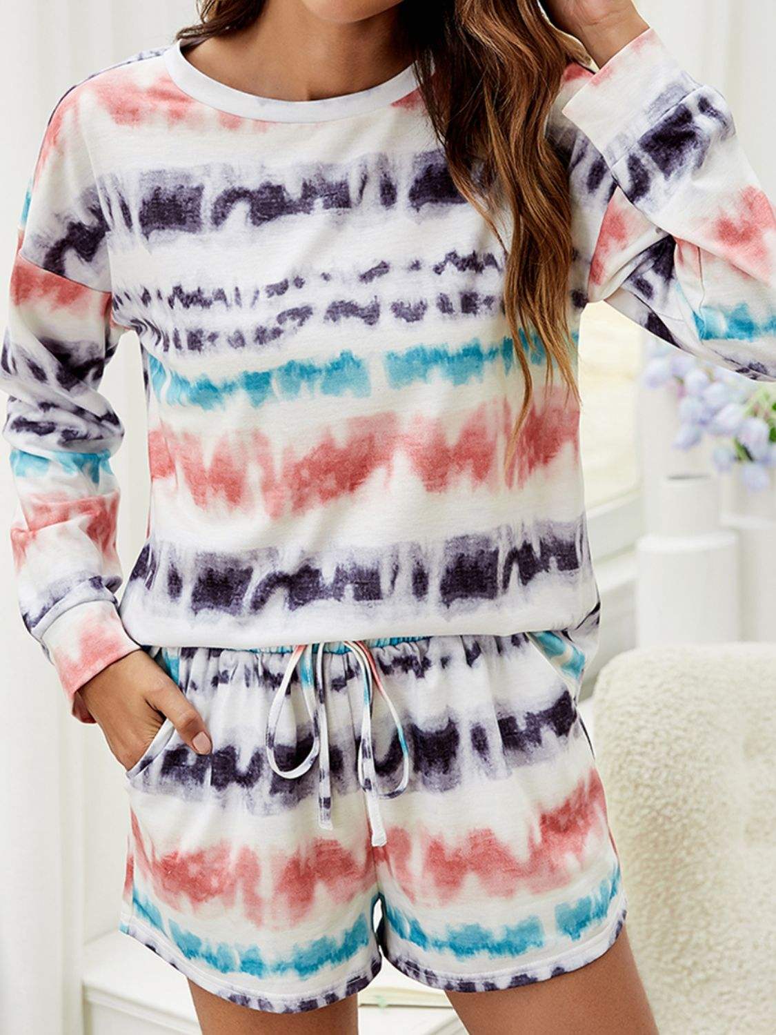 Tie-Dye Dropped Shoulder Lounge Set Multicolor Loungewear Sets - Tophatter Daily Deals