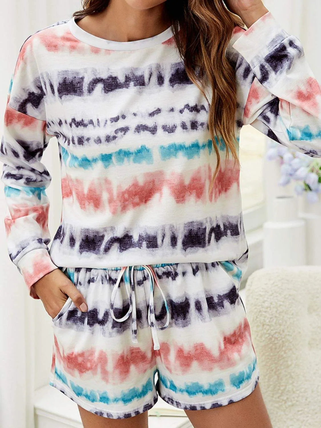 Tie-Dye Dropped Shoulder Lounge Set Multicolor Loungewear Sets - Tophatter Daily Deals