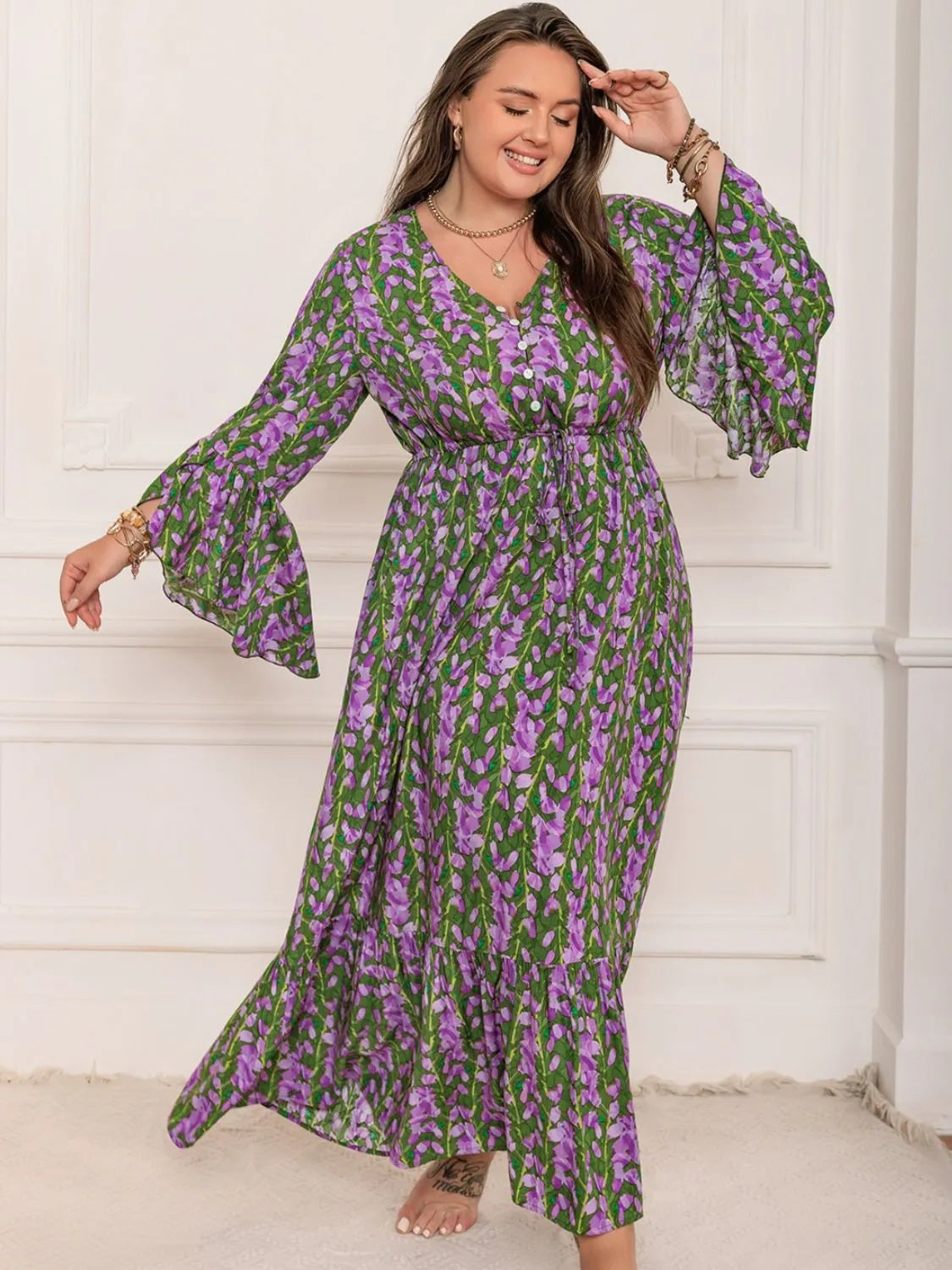 Plus Size Printed V-Neck Long Sleeve Maxi Dress Mauve Casual Dresses - Tophatter Daily Deals