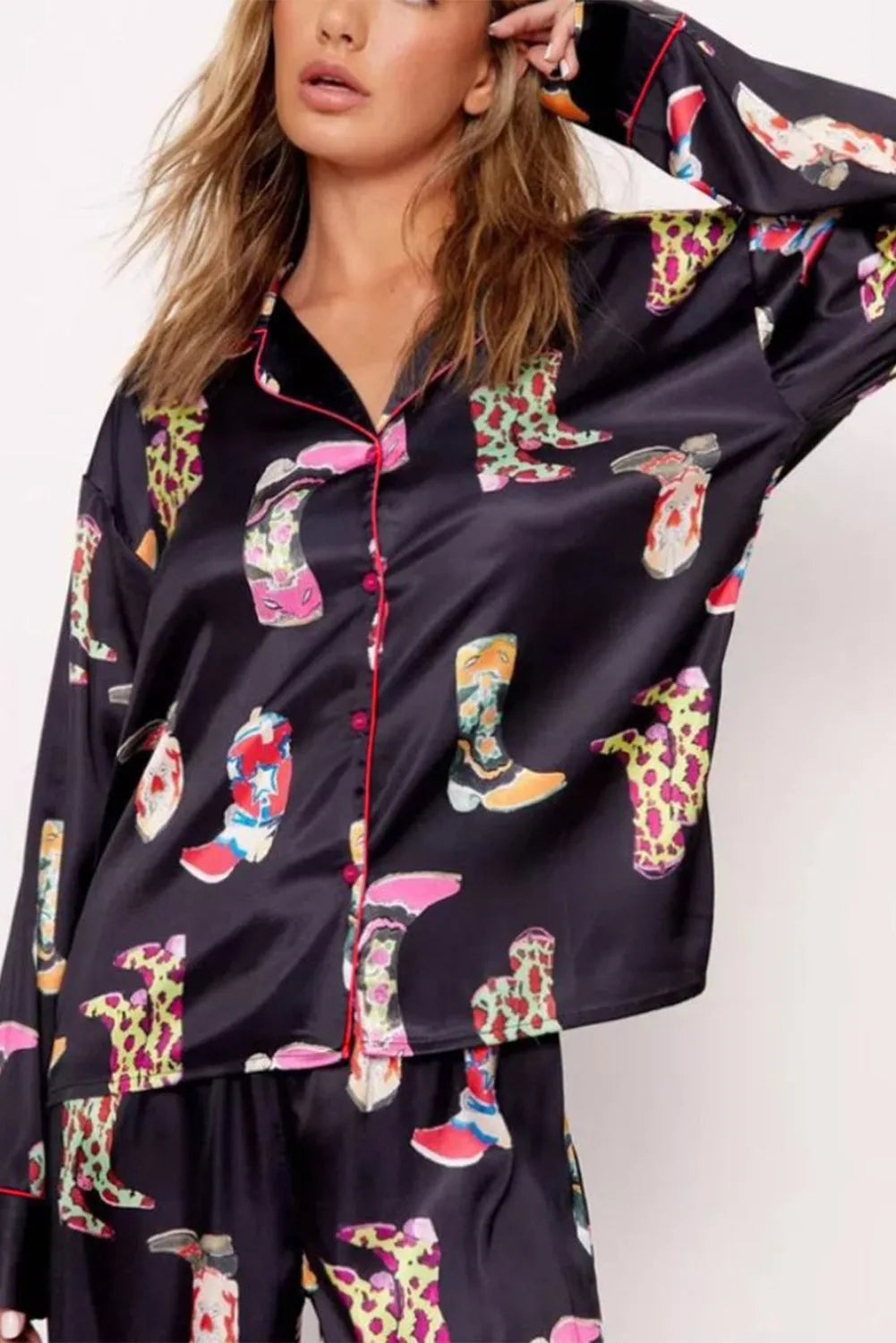 Black Western Cowgirl Boots Printed Satin Long Pajama Set Loungewear & Sleepwear/Sleepwear - Tophatter Daily Deals