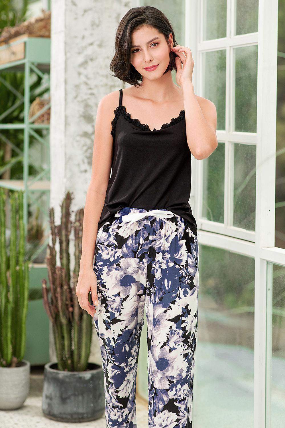 Lace Trim Cami and Floral Pants Lounge Set Loungewear Sets - Tophatter Daily Deals